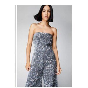 NWT Nasty Gal Women's Size US 4 Silver Sequin Wide Leg Jumpsuit